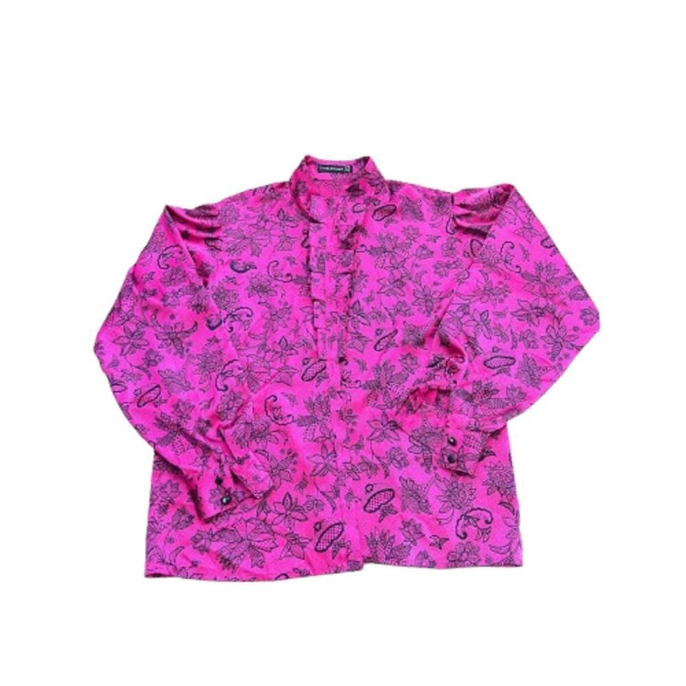 Louis Feraud Women's Pink Black Floral Print Button Down Shirt Top Size 8